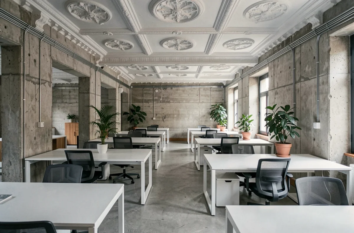 Espace de coworking vide dans un immeuble haussmannien rénové à Nice avec bureaux modernes et architecture historique