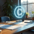 Espace de travail créatif avec hologramme de copyright