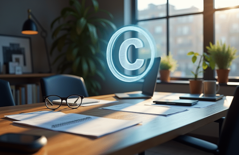 Espace de travail créatif avec hologramme de copyright