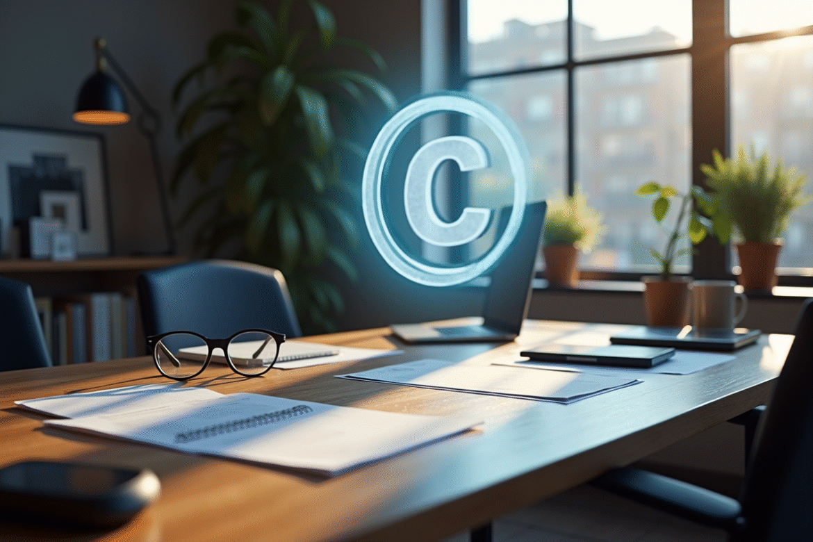 Espace de travail créatif avec hologramme de copyright