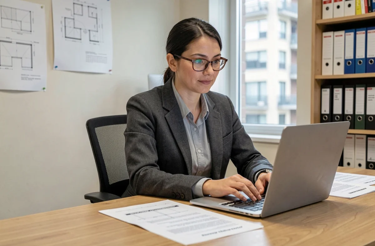 Estimatrice en bâtiment préparant un devis détaillé sur ordinateur dans un bureau professionnel