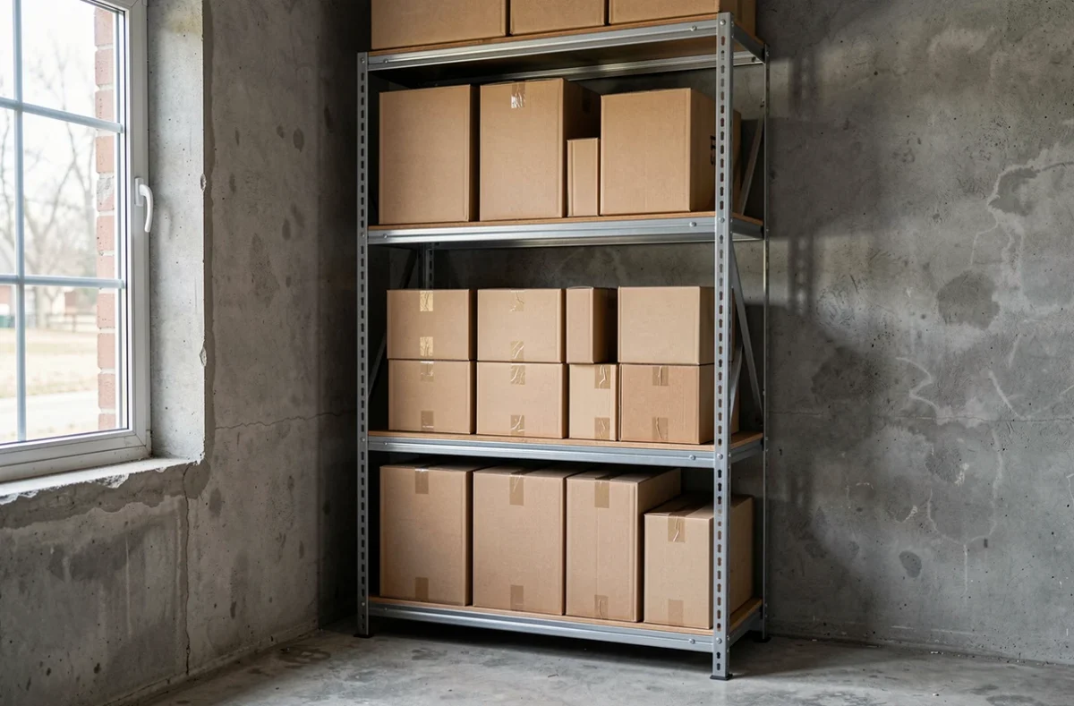 Étagère de garage avec des colis rangés pour un relais à domicile
