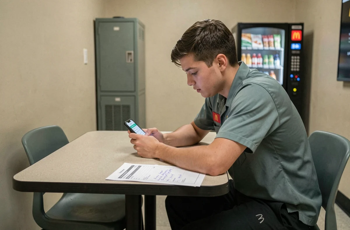 Étudiant salarié McDo en salle de pause consultant son salaire sur smartphone avec des notes de planning