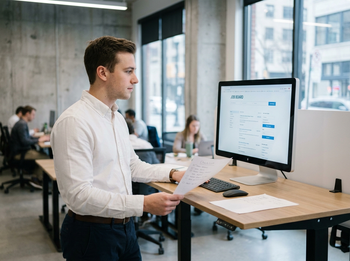 Étudiant consultant une plateforme de recherche de stage sur ordinateur dans un espace de coworking moderne