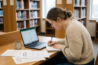 Étudiante prenant des notes sur son ordinateur portable dans une bibliothèque universitaire pour organiser sa recherche de stage