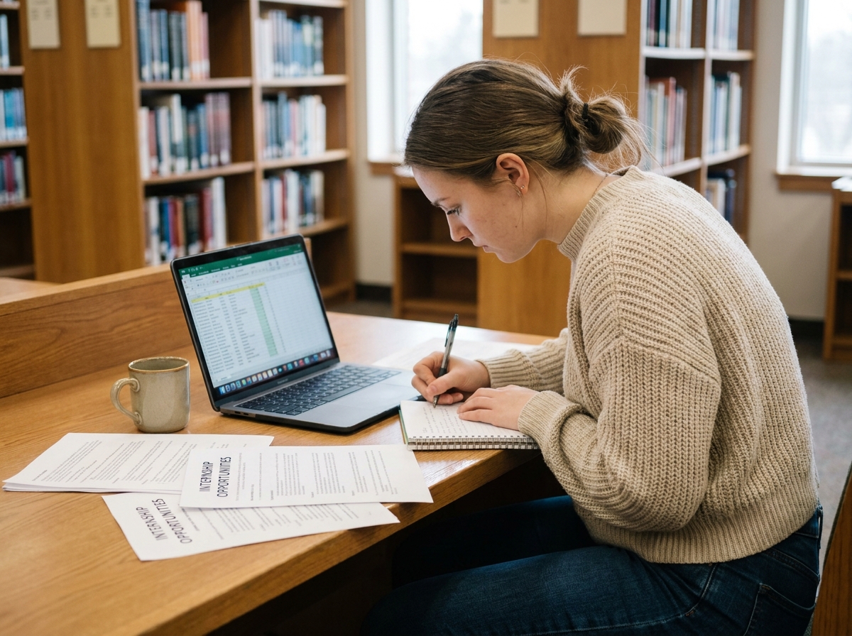 Étudiante prenant des notes sur son ordinateur portable dans une bibliothèque universitaire pour organiser sa recherche de stage
