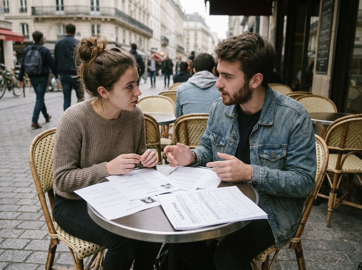 Deux étudiants discutant de leur stratégie de recherche de stage autour de CV imprimés en terrasse de café