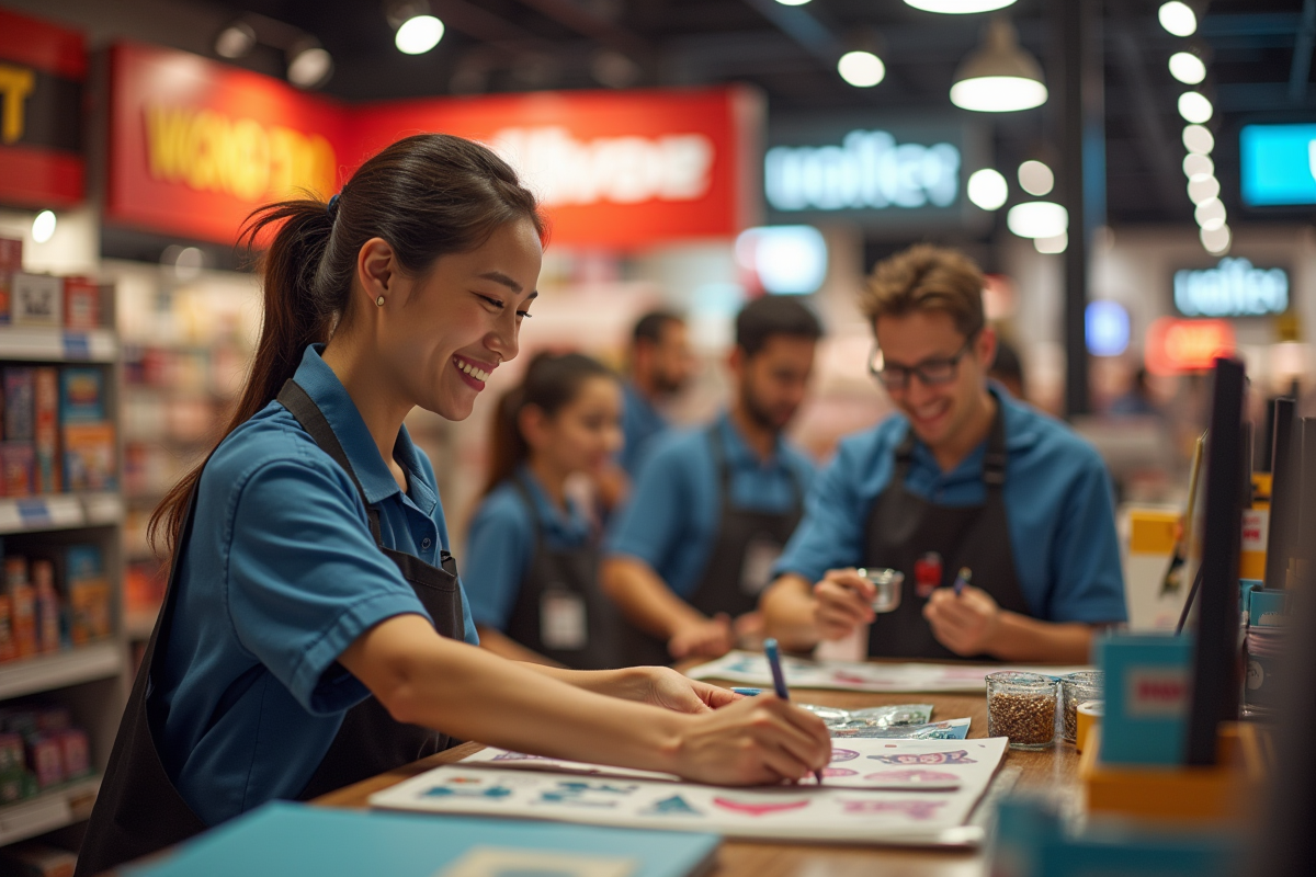 Personnel souriant organisant une animation en magasin