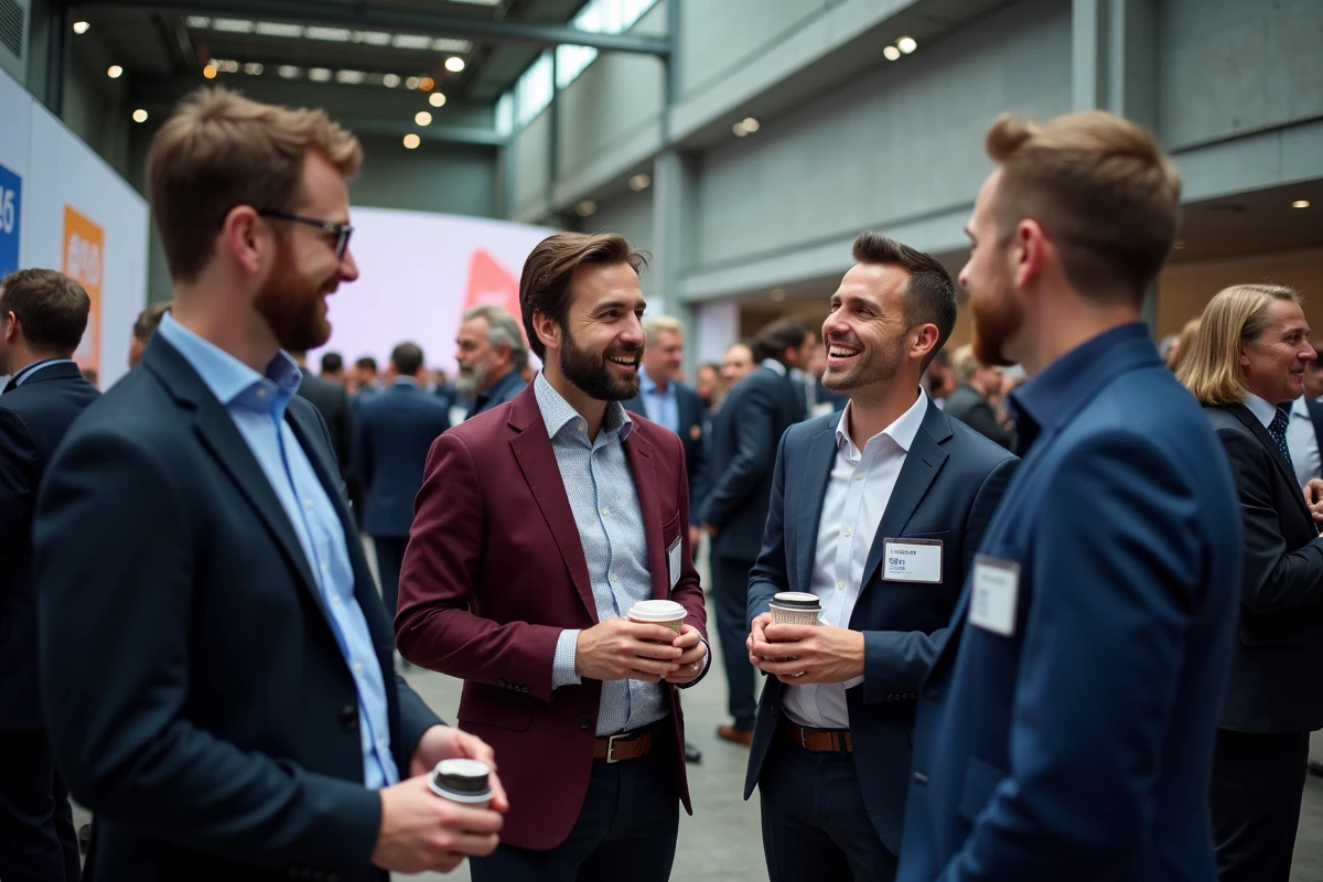 Groupe de professionnels en networking lors d'un événement B2B dans une salle de conférence moderne