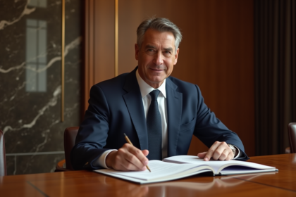 Homme executif en costume navy dans une salle de réunion élégante