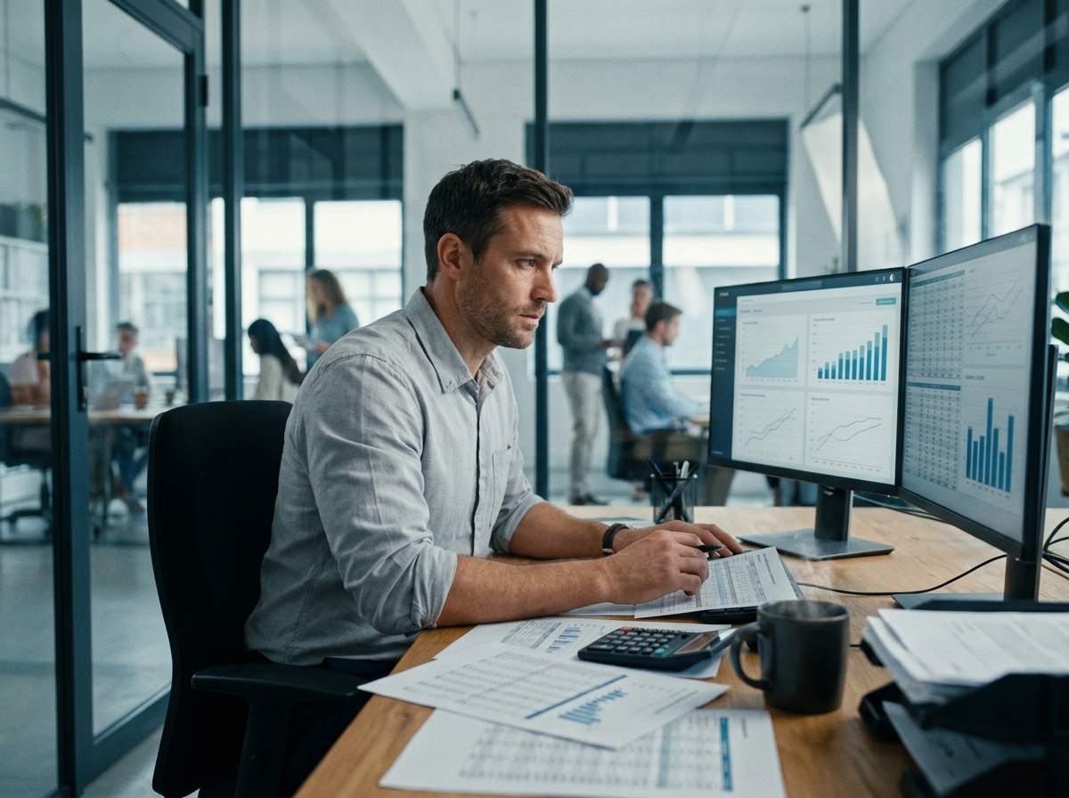 Expert-comptable concentré devant ses écrans avec des tableaux financiers dans un bureau vitré d'entreprise