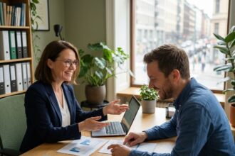 Expert-comptable et dirigeant de PME en réunion collaborative autour de documents financiers dans un bureau moderne