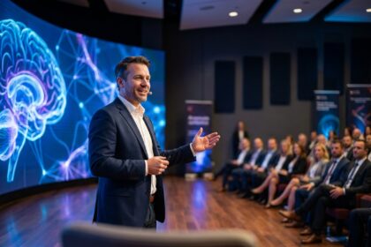 Expert en intelligence artificielle présentant une conférence sur scène lors d'un événement d'entreprise moderne