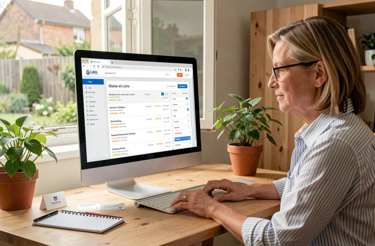 Professionnelle consultant l'annuaire local Expertsfiables.fr pour trouver des prestataires en Maine-et-Loire sur un ordinateur de bureau