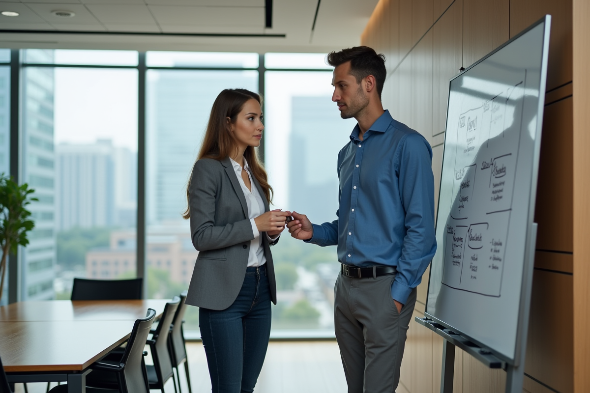Employé expliquant un projet à une collègue en réunion