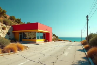 Façade d'un fast-food générique au bord d'une route côtière corse avec parking quasi vide et végétation méditerranéenne environnante