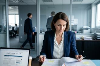 Femme d'affaires consultant une annonce légale imprimée dans un bureau moderne