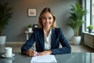 Femme d'affaires signant un contrat de sponsoring dans un bureau moderne
