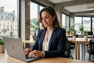 Femme d'affaires nantaise travaillant sur ordinateur portable dans un espace de coworking moderne avec vue sur l'architecture de la Loire