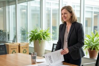 Femme d affaires en milieu professionnel durable avec documents ISO 14001