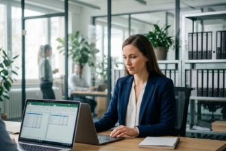 Femme d'affaires concentrée sur ses factures électroniques