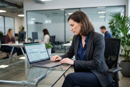 Femme d'affaires en réunion avec son ordinateur portable