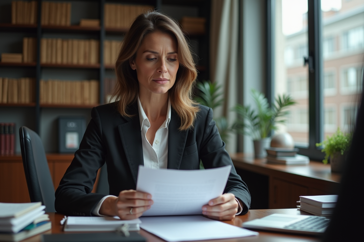 Femme d'affaires lisant un document dans son bureau