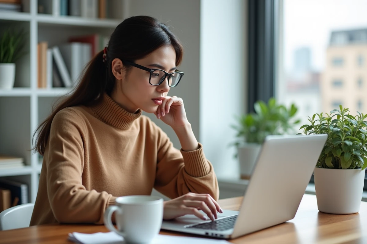 Femme d'affaires utilisant une plateforme de networking B2B en ligne depuis son bureau à domicile