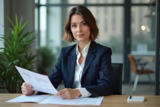 Femme d'affaires en réunion avec documents français