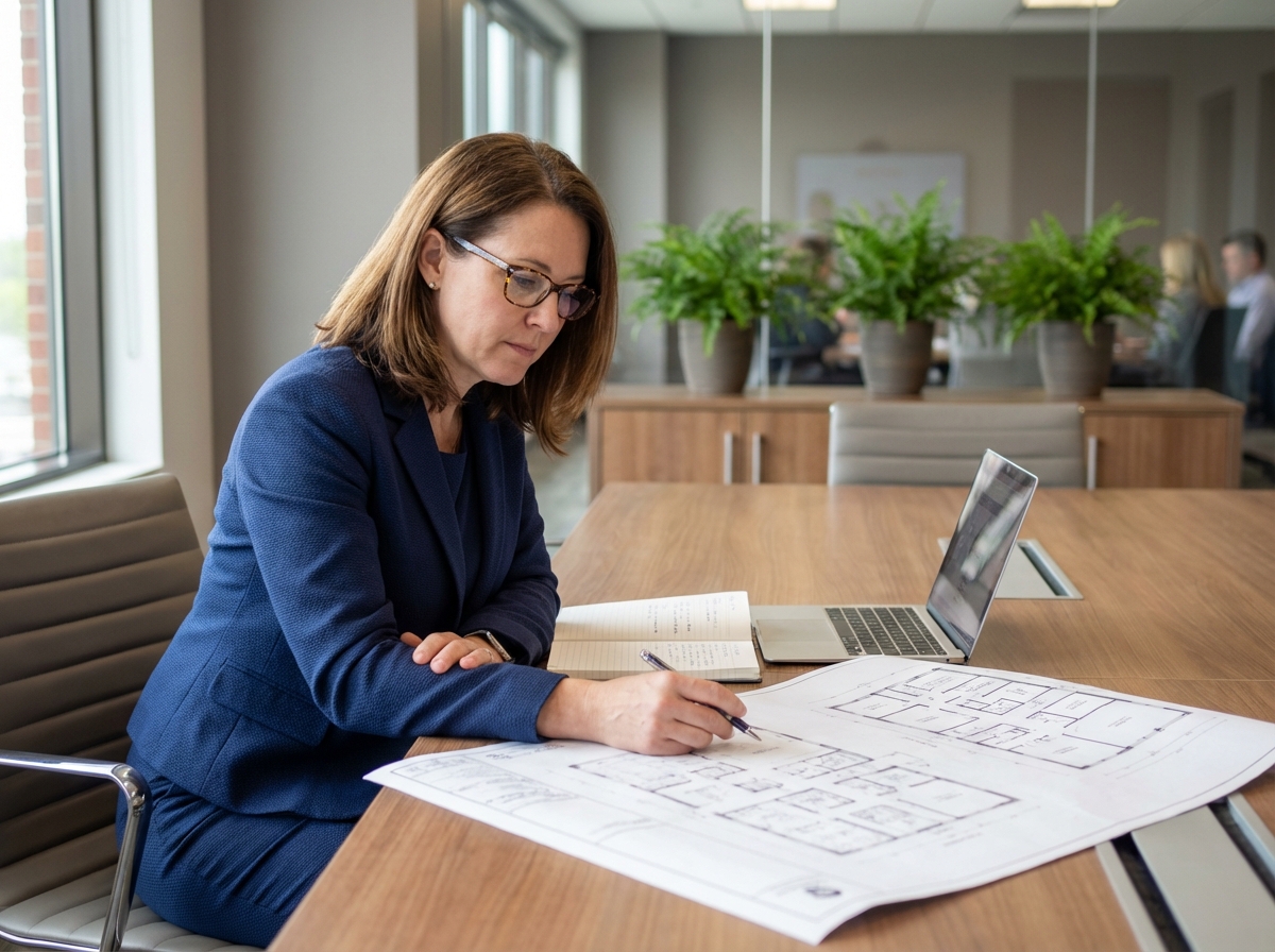Femme d affaires analysant un plan dans un bureau
