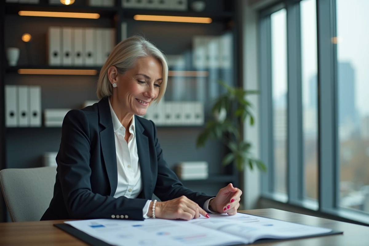 Femme d'affaires souriante consulte un tableau stratégique dans un bureau moderne