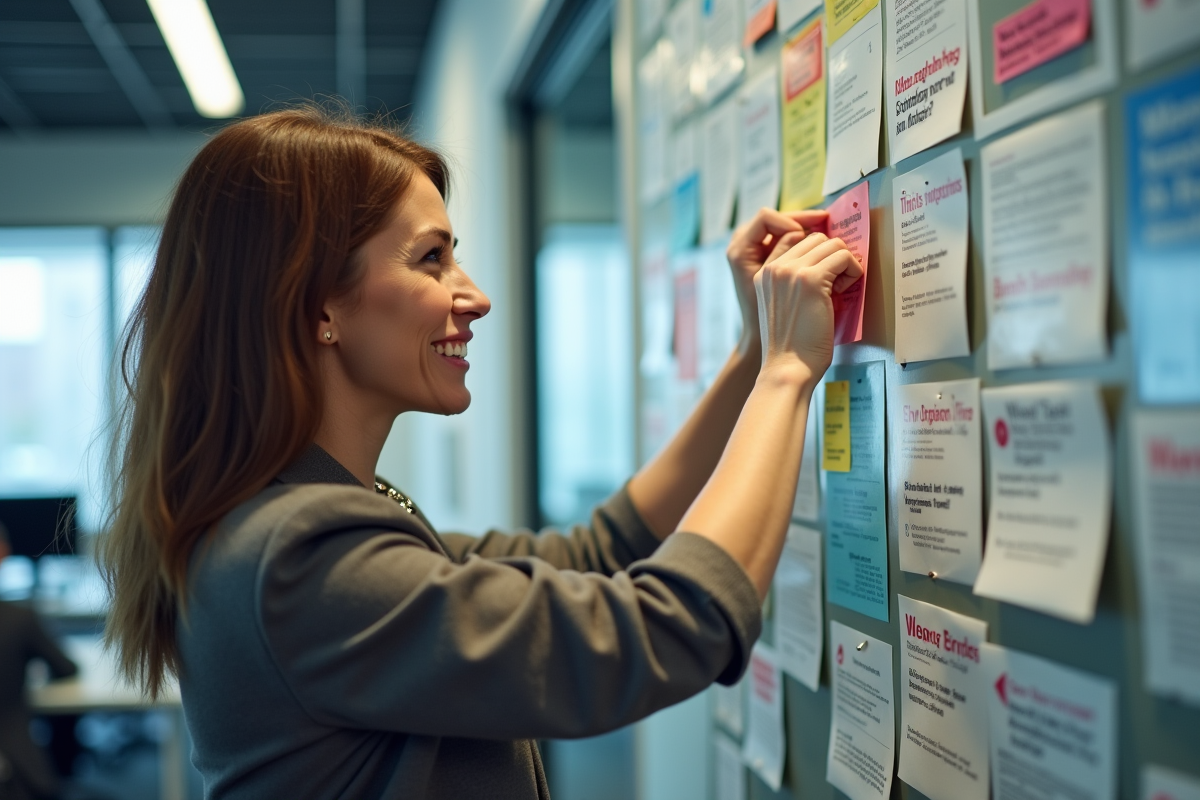 Femme souriante accrochant une affiche dans un bureau lumineux