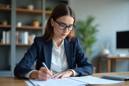 Jeune femme en blazer bleu analysant des documents fiscaux