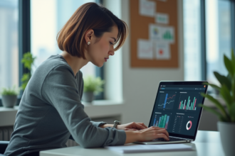 Femme en bureau analysant des tableaux de bord colorés