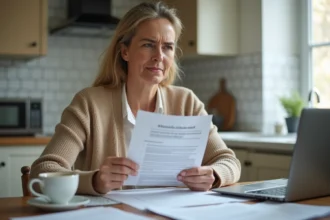 Femme d'une quarantaine d'années lisant une annonce d'emploi à domicile emballage avec un regard sceptique dans une cuisine modeste
