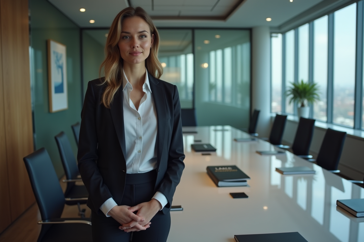 Jeune avocate dans une salle de réunion avec dossiers