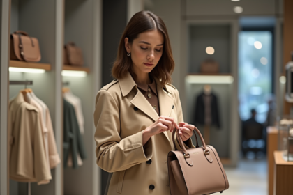 Jeune femme élégante examine un sac à main dans une boutique