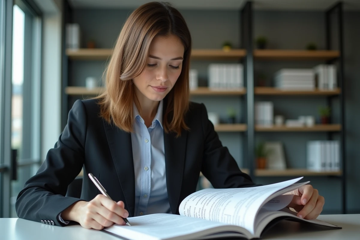Femme en costume au bureau concentrée sur ses documents