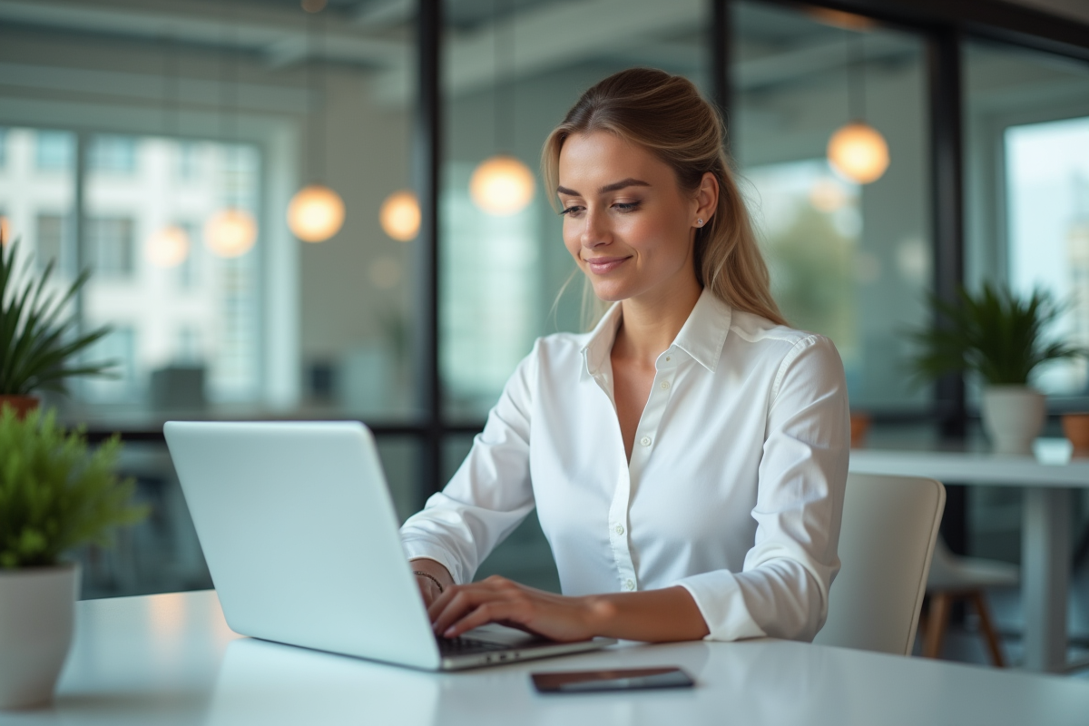 Femme au bureau regardant un tableau de bord numérique