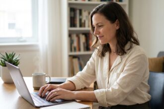 Femme souriante travaillant à son bureau intérieur