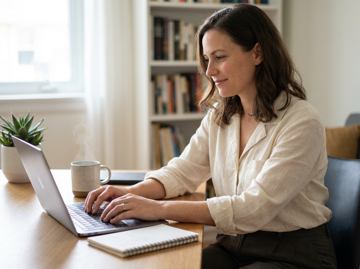 Femme souriante travaillant à son bureau intérieur