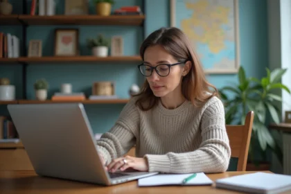 Femme d'âge moyen travaillant sur son ordinateur dans un bureau à domicile