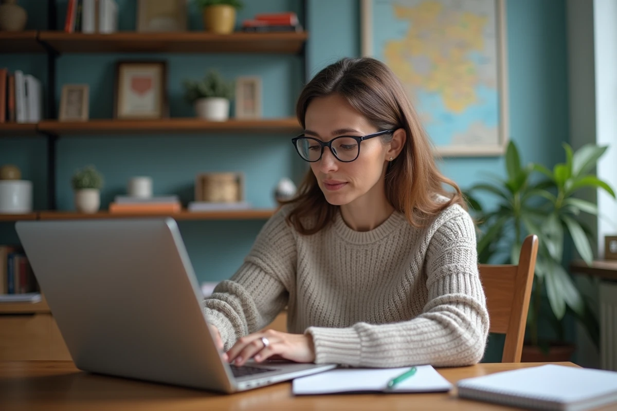 Femme d'âge moyen travaillant sur son ordinateur dans un bureau à domicile