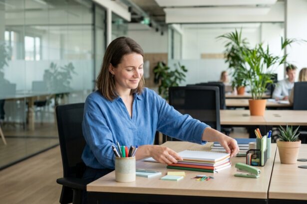 Femme organisée dans un bureau moderne en blouse bleue