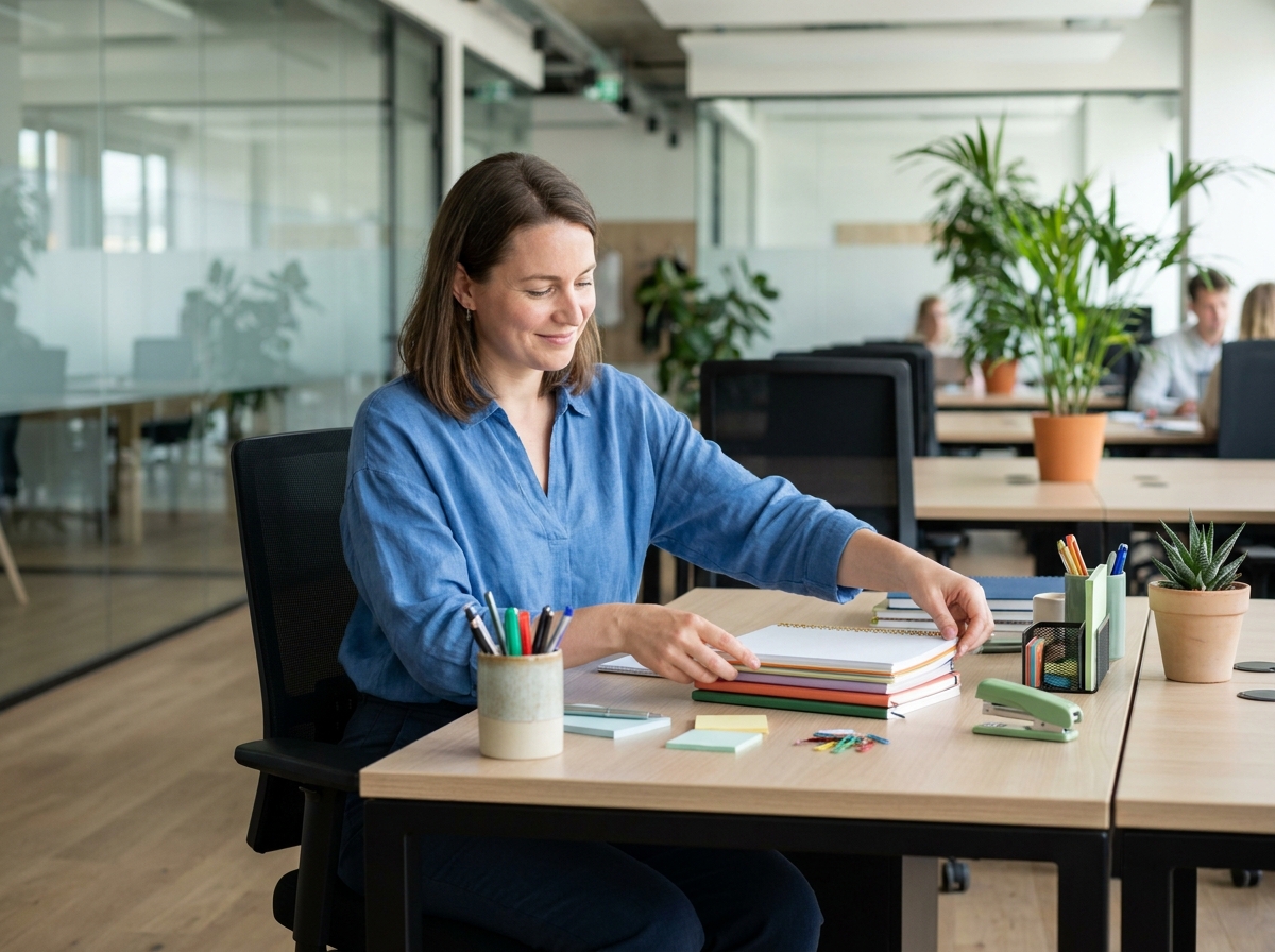 Femme organisée dans un bureau moderne en blouse bleue