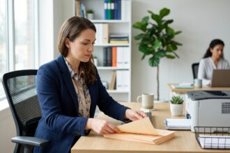 Femme au bureau organisant des documents imprimés