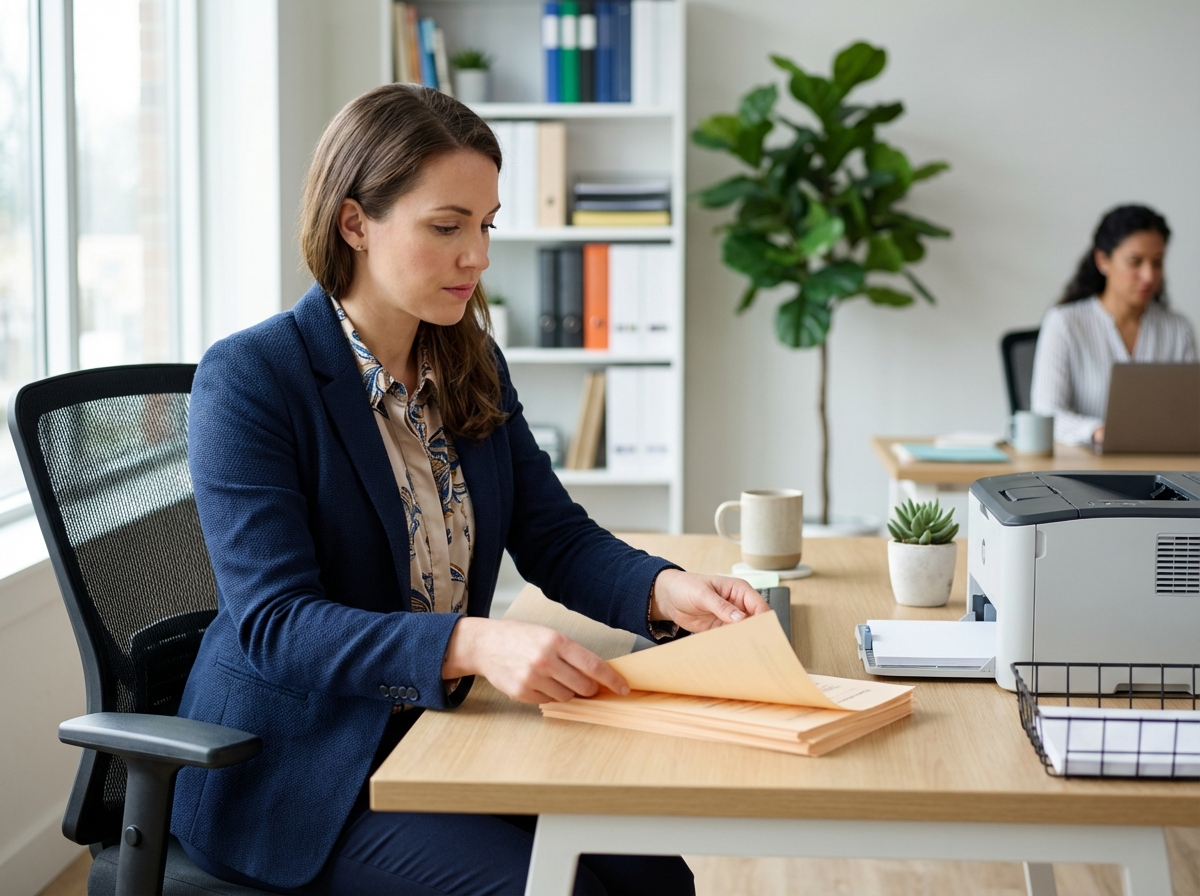 Femme au bureau organisant des documents imprimés