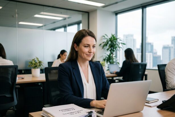 Femme d'affaires en bureau moderne avec documents