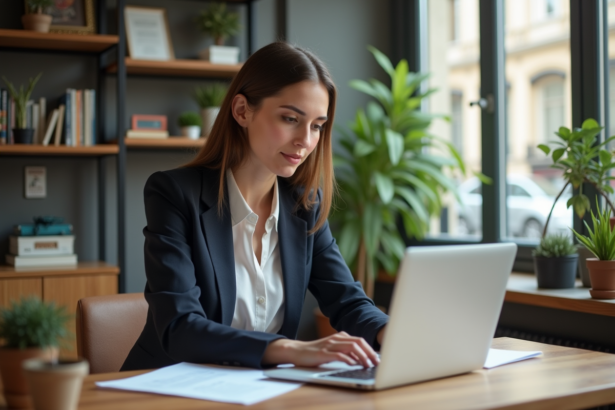 Femme d affaires concentrée dans son bureau moderne en France