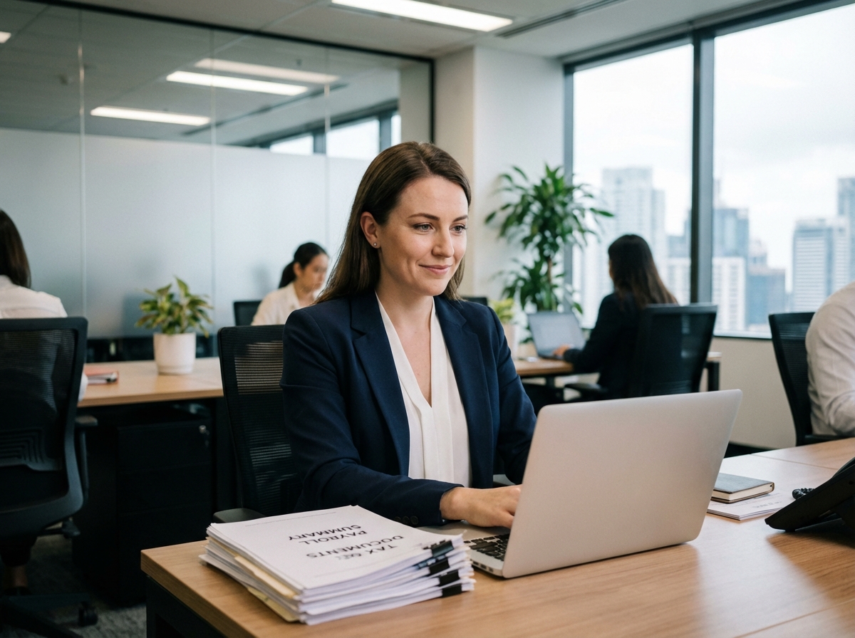 Femme d'affaires en bureau moderne avec documents
